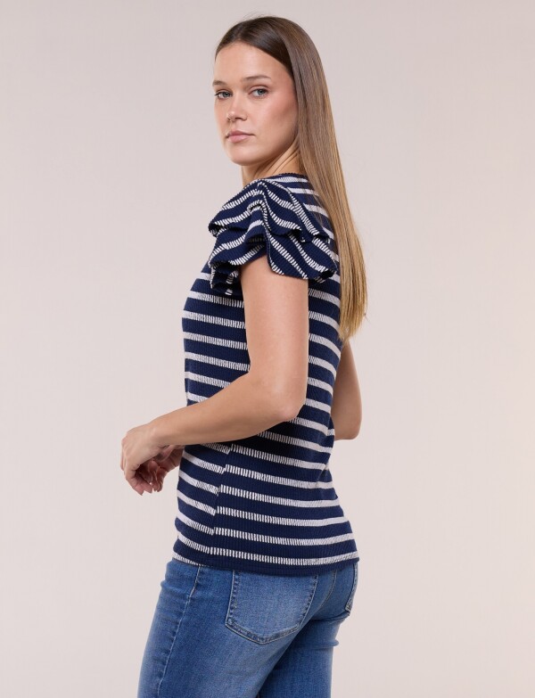 Remera Lineas Con Volantes En Mangas AZUL/BLANCO