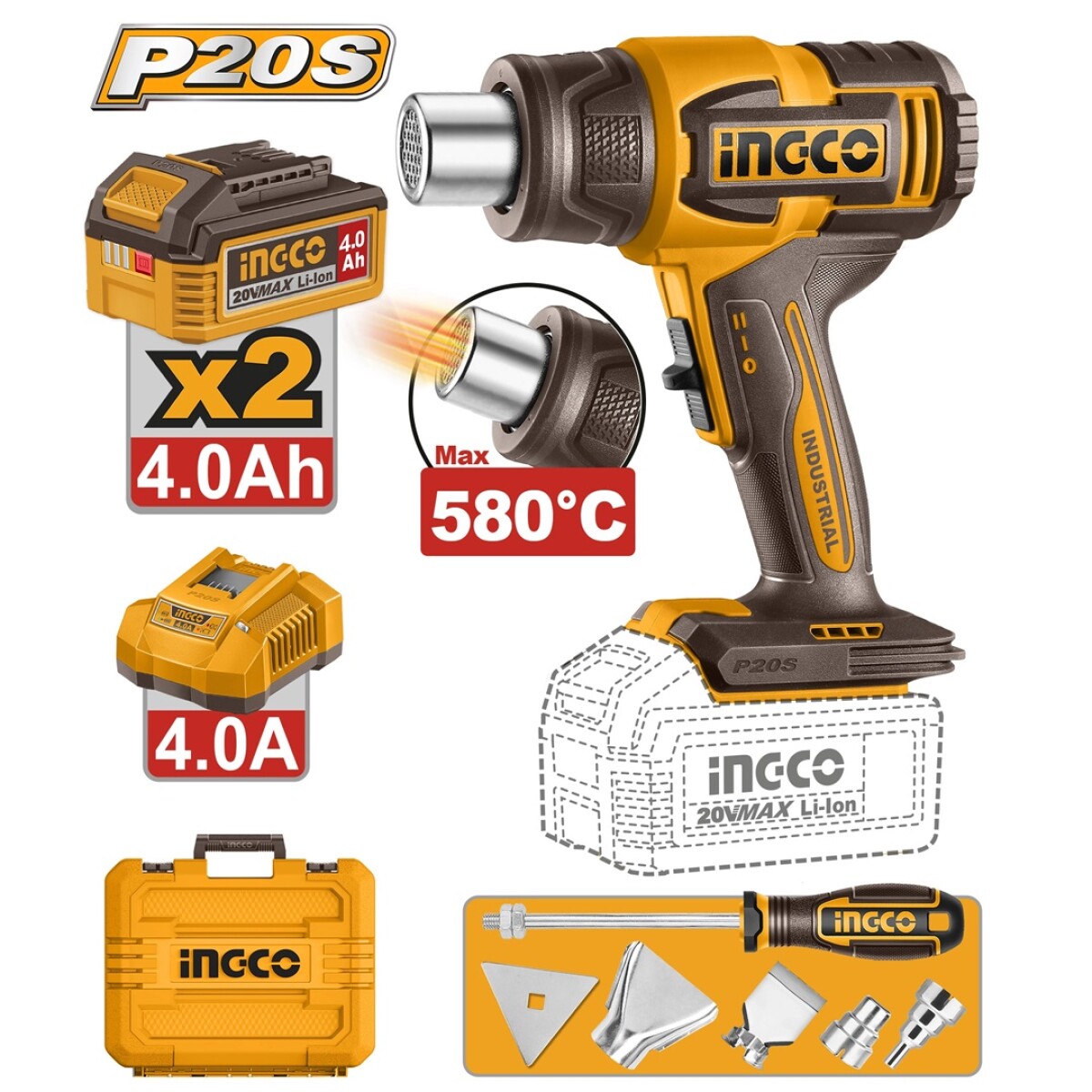 PISTOLA DE CALOR A BATERIA 20V 580°C CON ACCESORIOS + 2 BATE - AMARILLO-NEGRO 