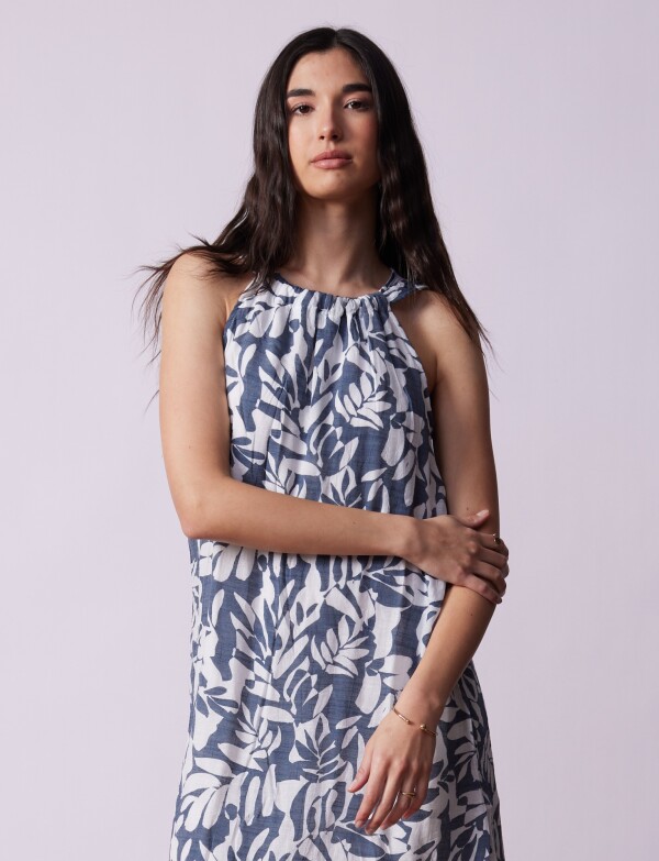 Vestido Frunces Print BLANCO/AZUL