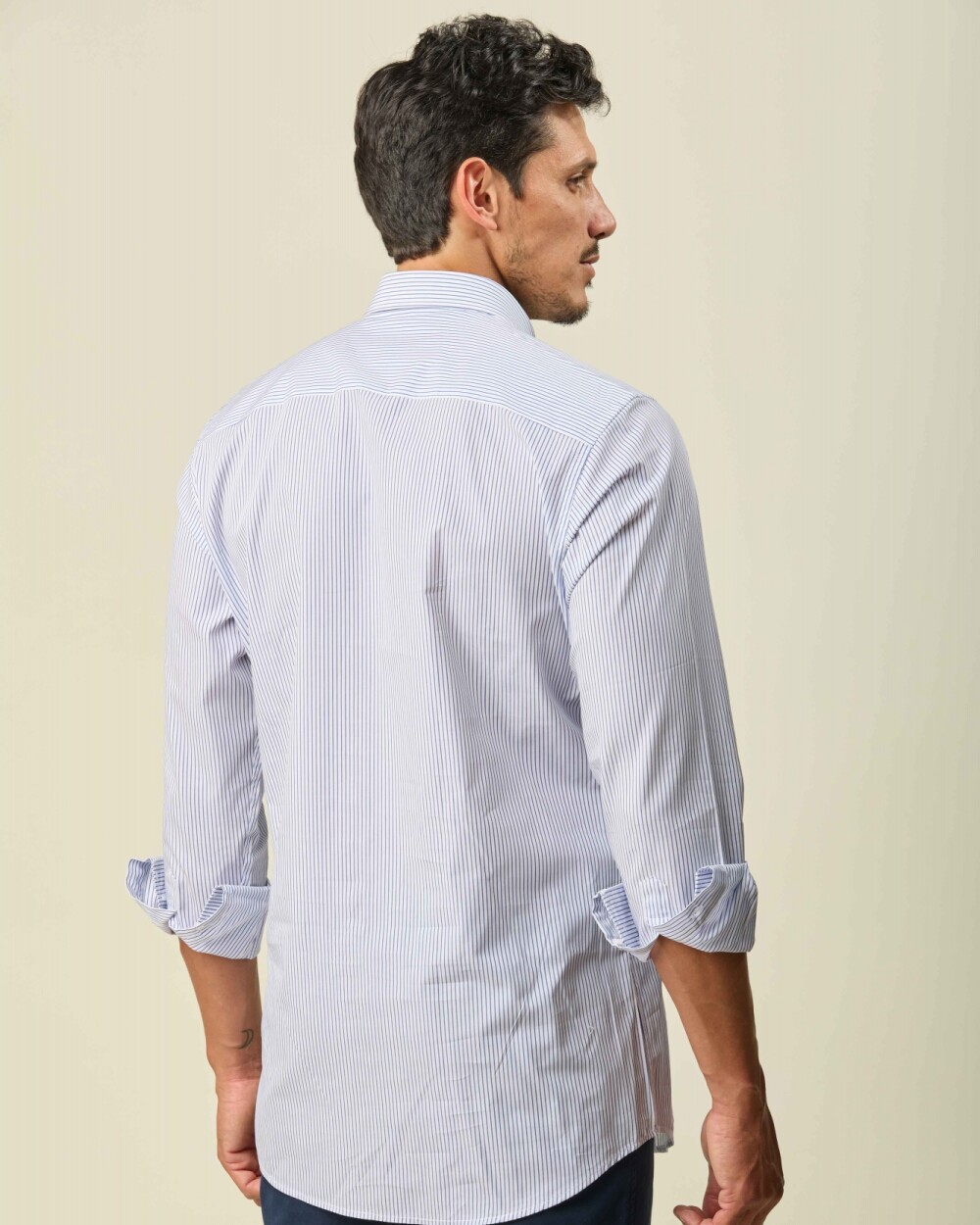 Camisa Sport Algodón Manga Larga Blanca Raya Azul