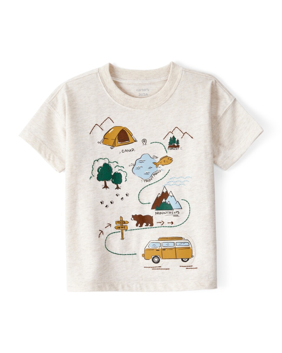 Remera de algodón, manga corta, estampa camping 