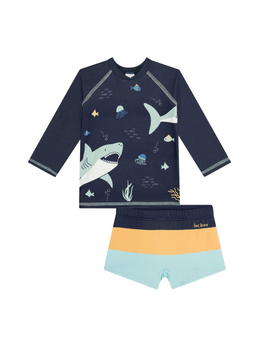 Traje De Baño Camiseta Y Short Estampado Tiburones Proteccion UV50+ 