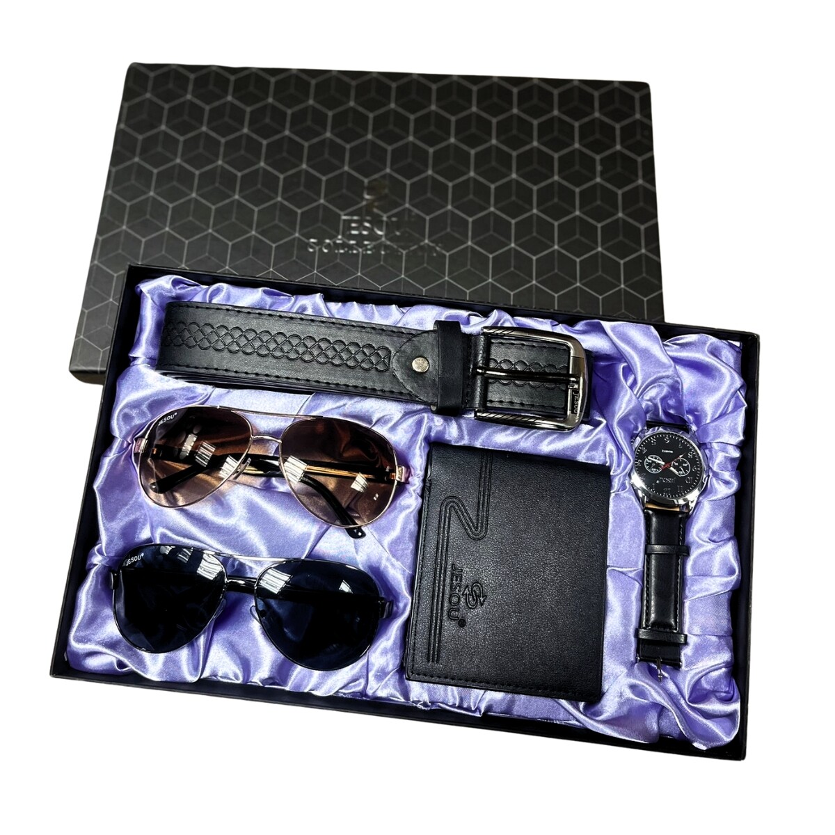 Pack Caballero 2 Lentes de Sol Reloj Billetera y Cinturón - NEGRO 