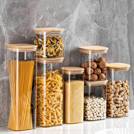 Set X7 Tarros Herméticos Cocina Tapa Bambú Organizadores Transparente