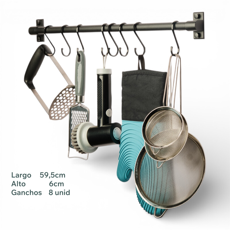 Barra Organizador De Cocina Pared Barral Acero 60cm + 8 Ganchos Negro