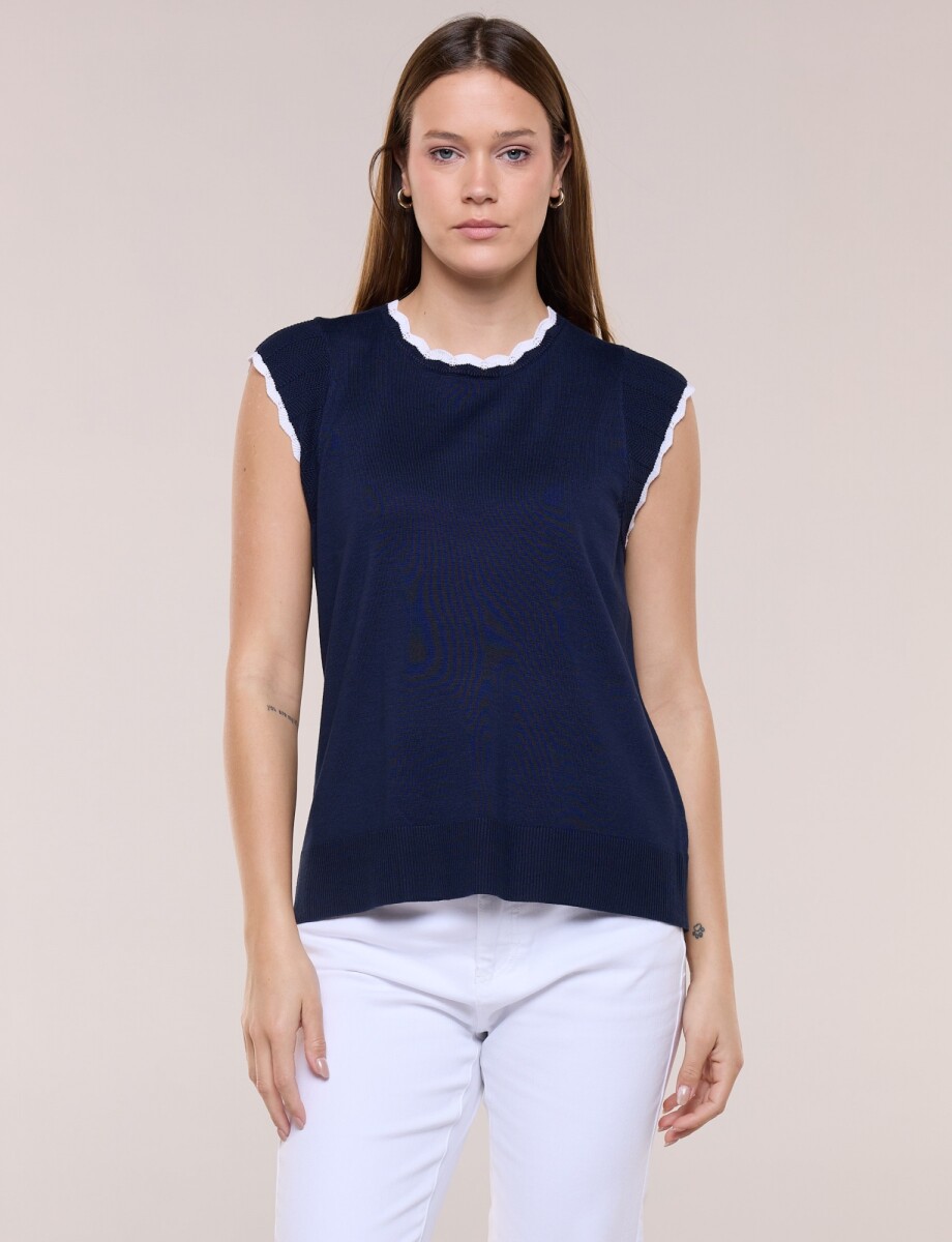 Blusa Tejida Sin Mangas Con Bordes Festoneados - Azul 