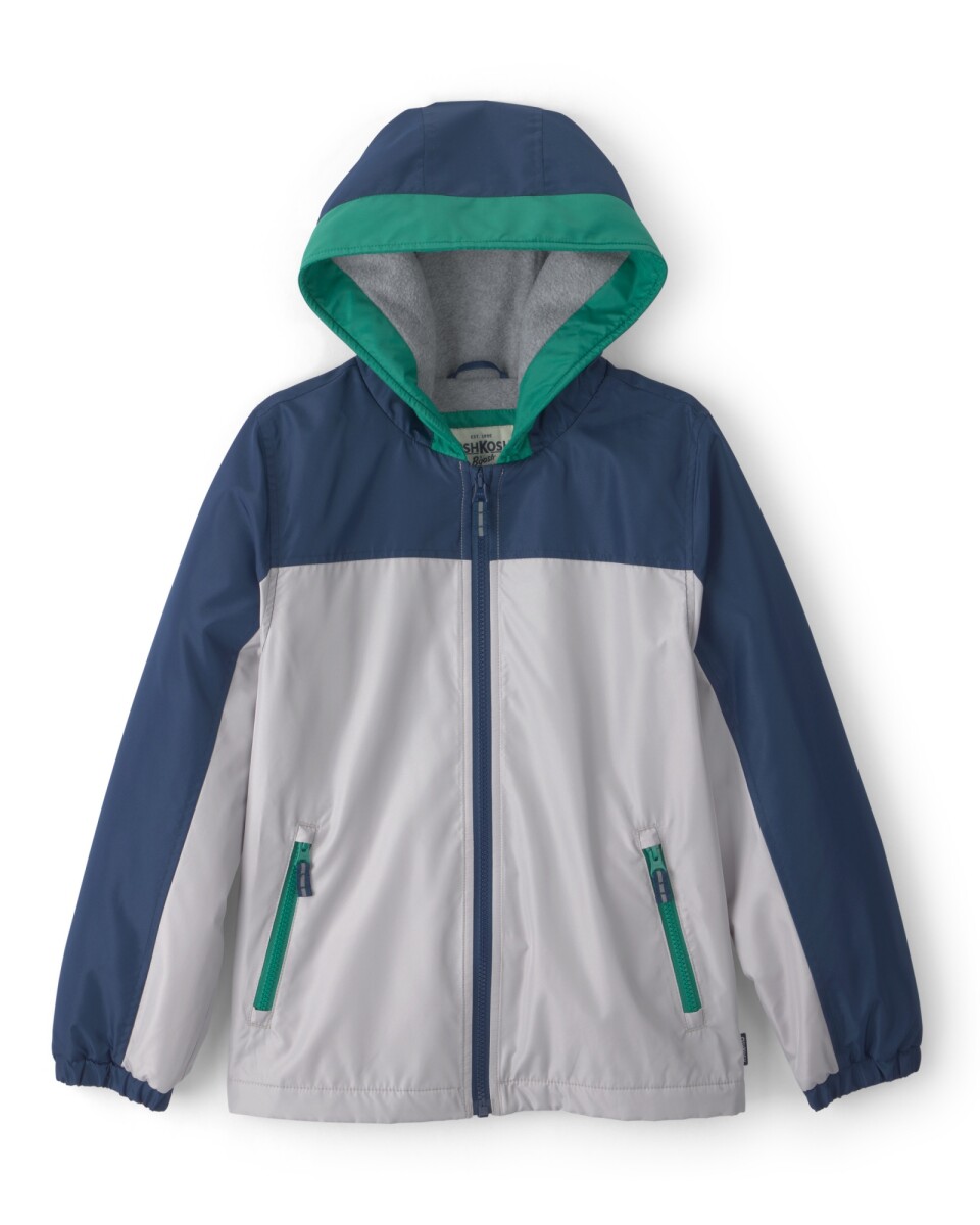 Campera resistente al agua, rosada, diseño bloques de color gris, azul y verde. Talles 4-10 