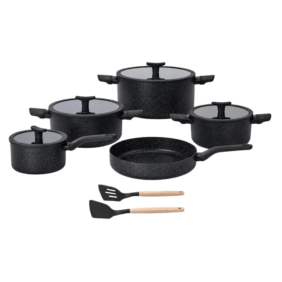 Set De Ollas Y Sartén Antiadherente Granito 11 Piezas Con Tapas De Vidrio 