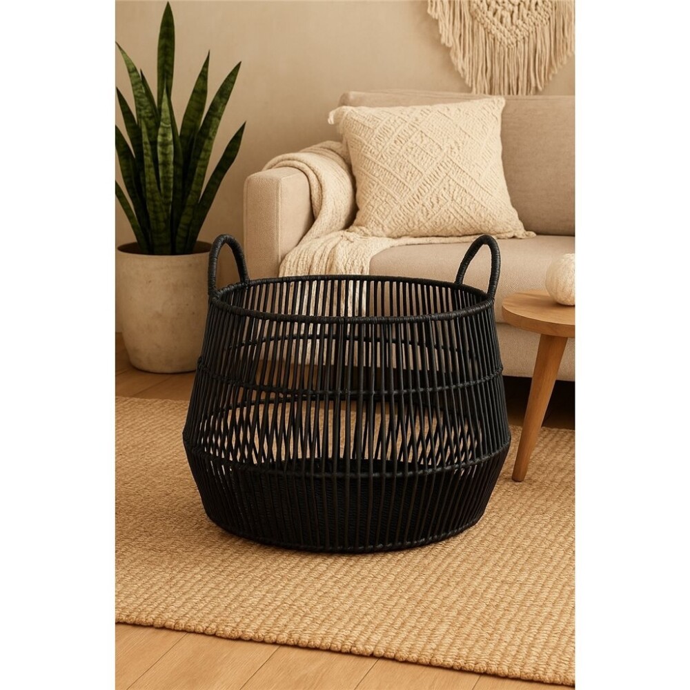 Cesto Plástico Símil Ratán Negro con Asas D40 x 30 cm CESTO C/ASAS D40X30CMS PLASTICO SIMIL RATAN NEGRO