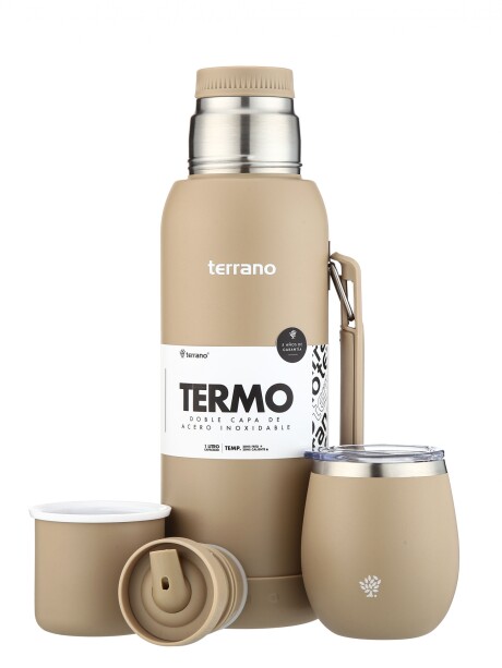 Kit Termo 1LT Con Base De Silicona + Mate De Acero Con Tapa Arena