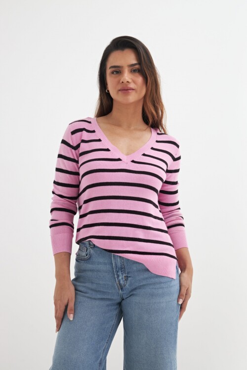 Sweater escote V rayas ROSA