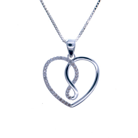 Conjunto de colgante y cadena de plata 925 con circonias, CORAZON - INFINITO. Conjunto de colgante y cadena de plata 925 con circonias, CORAZON - INFINITO.