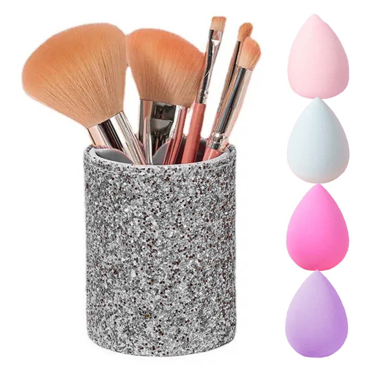 Set Maquillaje 5 Brochas c/ Porta Pinceles + Esponjas Rostro - Plateado 