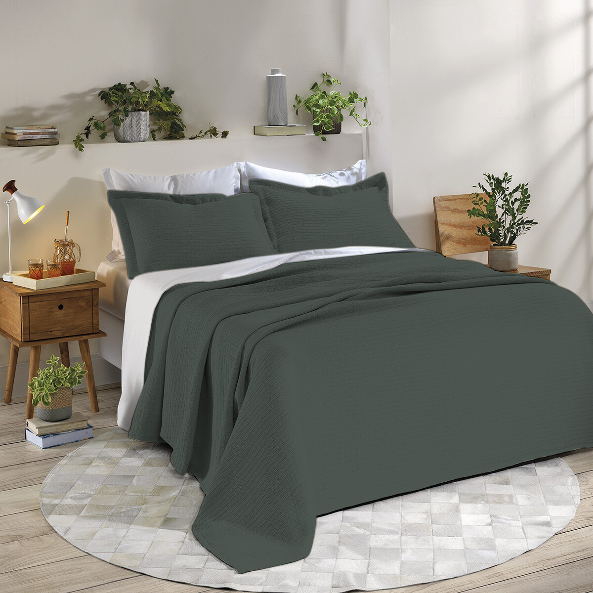 Juego Colcha y Funda Dohler 2 Plaza 100% Microfibra - VERDE OSCURO 