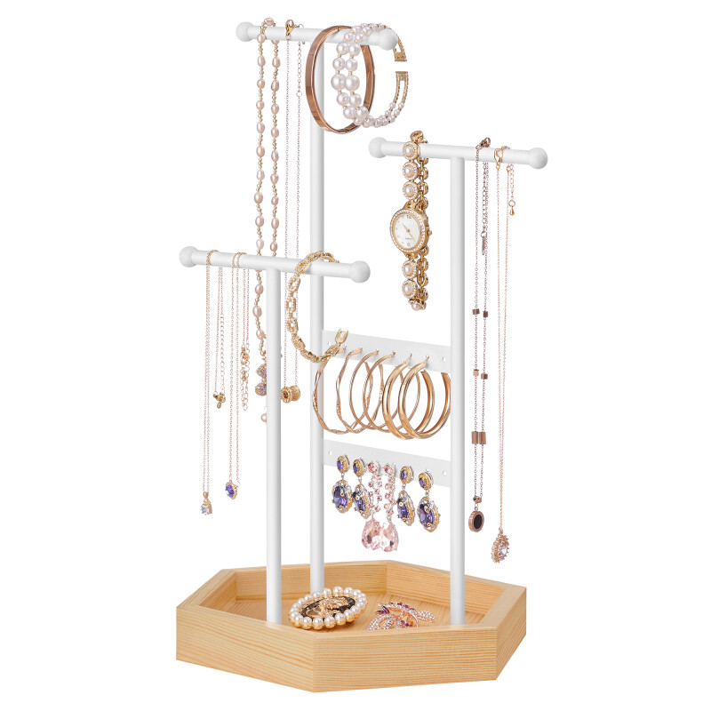 SONGMICS Organizadora de Joyas de Metal de 3 Niveles con Base de Madera – Soporte para Pulseras, Relojes y Pendientes Blanco