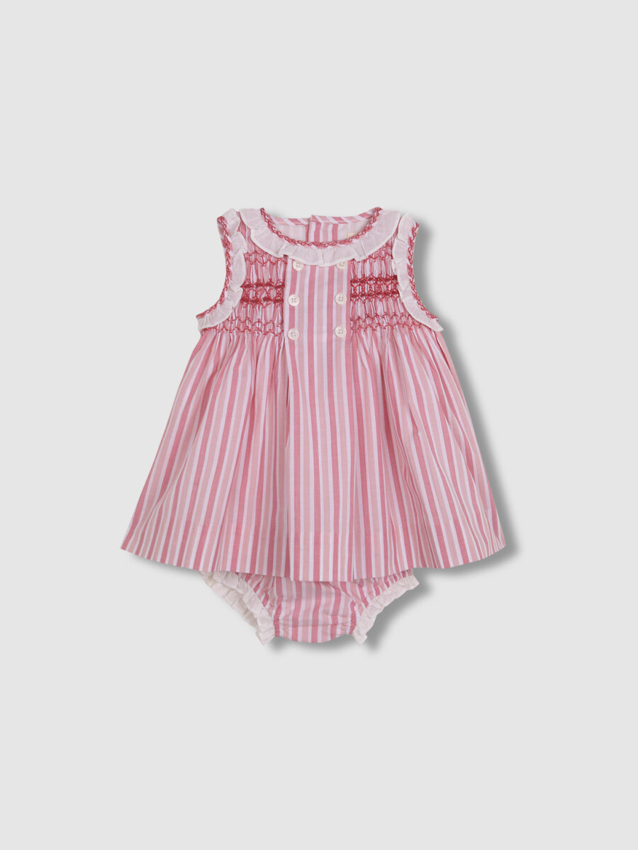 Vestido De Rayas Con Nido De Abeja Y Volante Rosa
