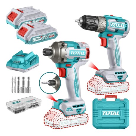 Combo Kit Taladro y Atornillador de Impacto Brushless Total 20V con 2 Baterías y Maletín Combo Kit Taladro y Atornillador de Impacto Brushless Total 20V con 2 Baterías y Maletín