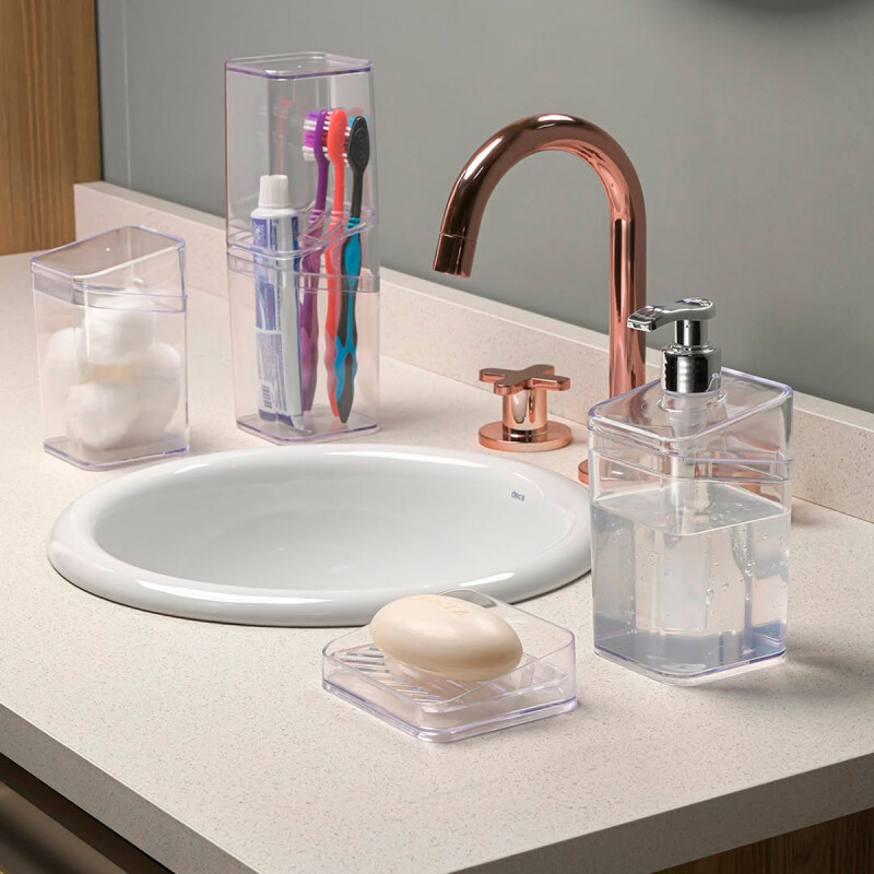 Set Dispensador de jabón 350 ml + Porta jabón TRANSPARENTE