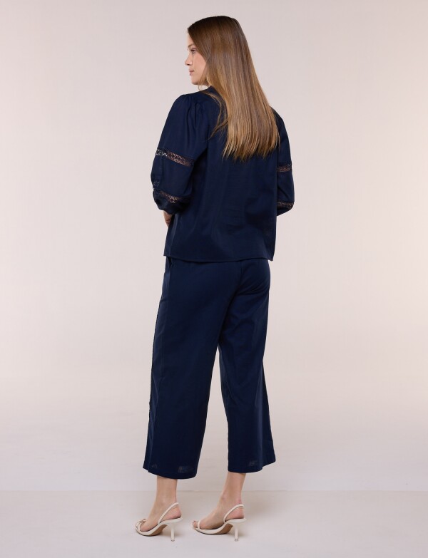 Blusa Lino Con Detalle Puntilla AZUL
