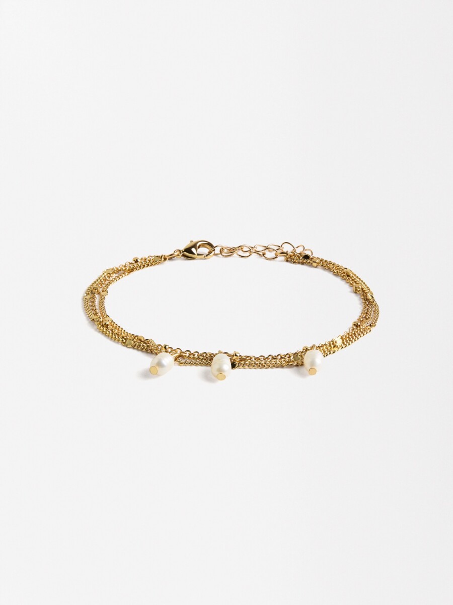 Pulsera Multicadena Con Perlas De Agua Dulce dorado