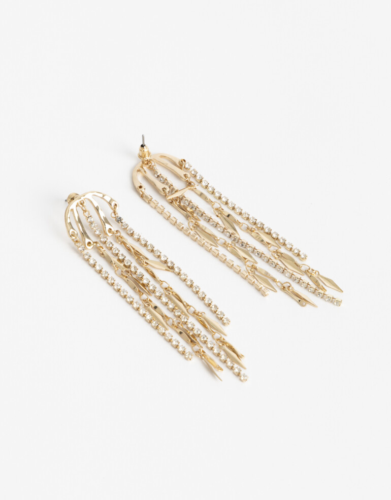 Aros Colgantes Largos Strass Aros Largos Cadenas Y Strass - Dorado