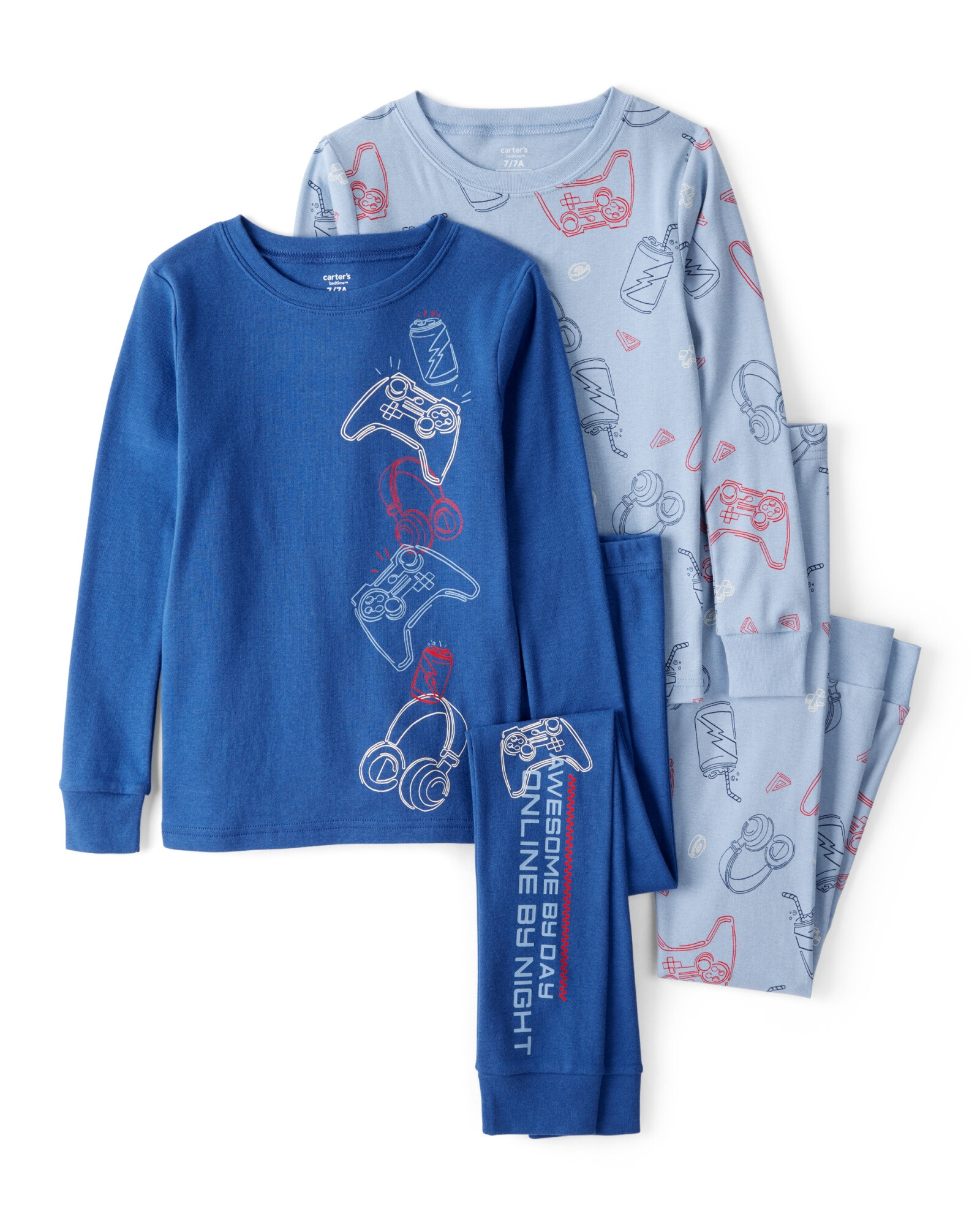 Pijama cuatro piezas de algodón, dos remeras manga larga y dos pantalones, diseño gamer Sin color