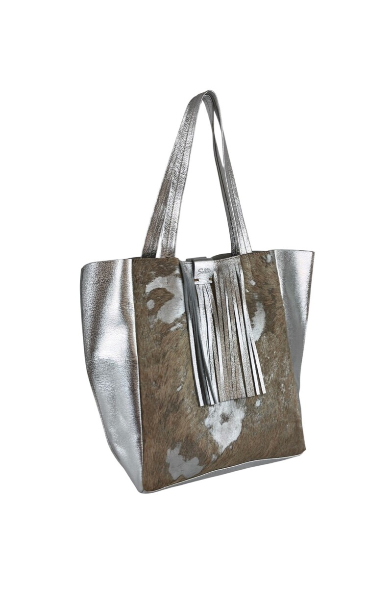 Tote Bag de cuero con pelo Plateado