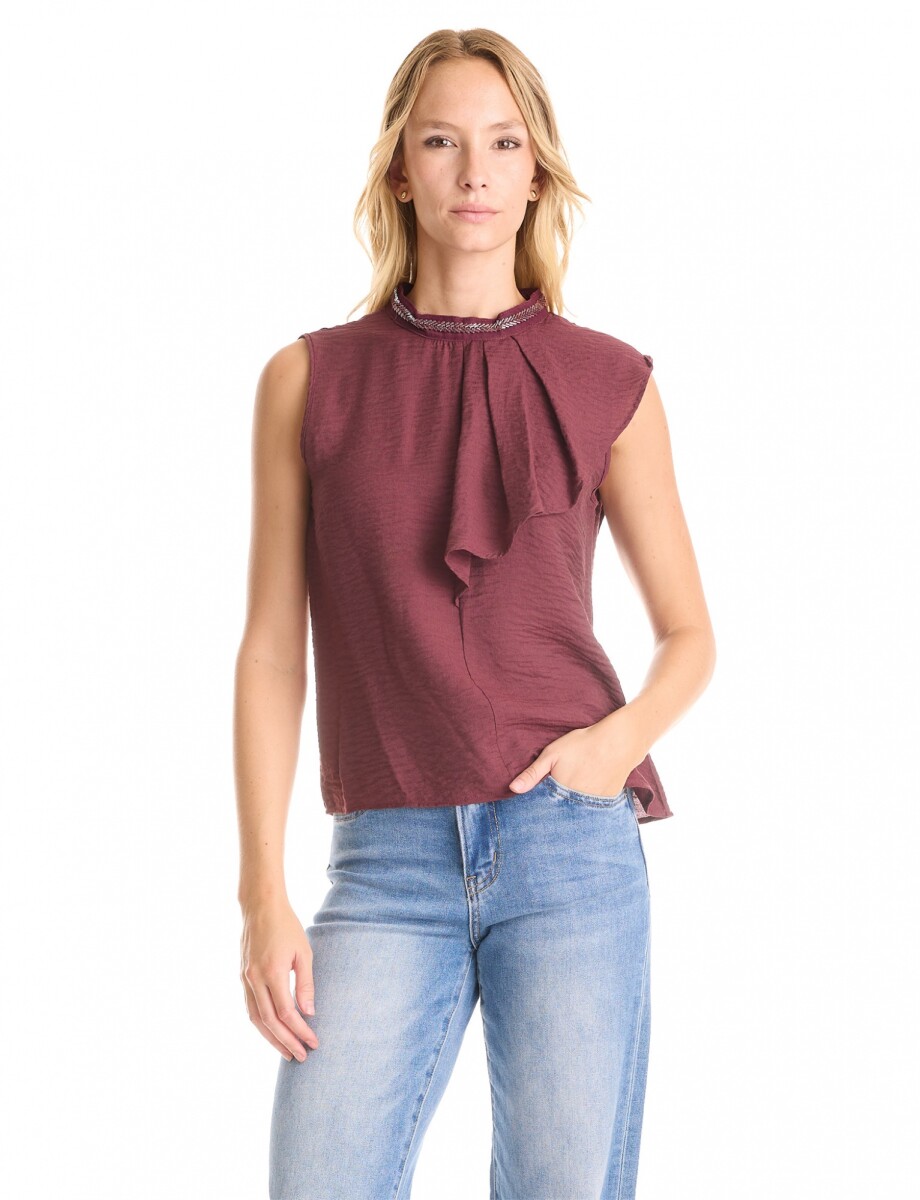 Blusa Drapeada & Cuello Bordado - Bordeaux 