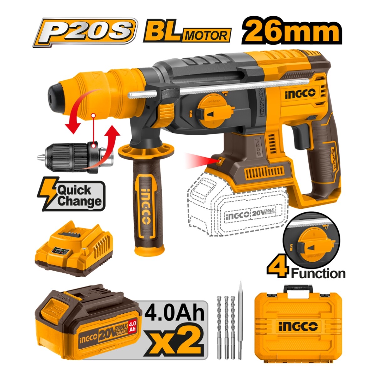 Rotomartillo 20V P20S 26MM 4 Funciones C Adaptador Mandri Rápido Brushless C 2 Bat X 4AH + Carg + Valija 