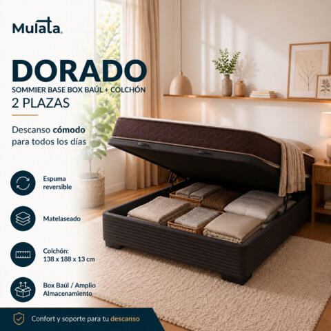 Sommier Baúl 2 Plazas Negro con Colchón Dorado 138 x 188 Firmeza Media Sommier Baúl 2 Plazas Negro con Colchón Dorado 138 x 188 Firmeza Media