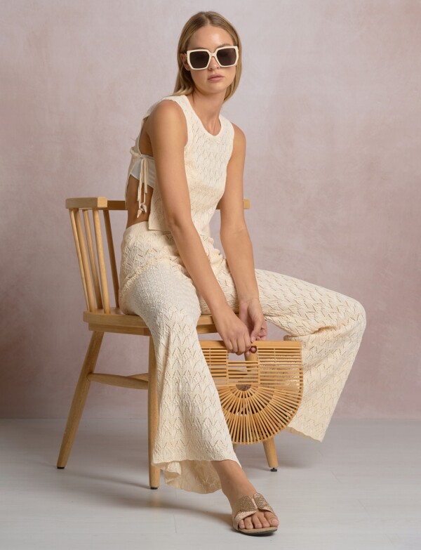 Pantalón Boho Calado Acampanado BEIGE