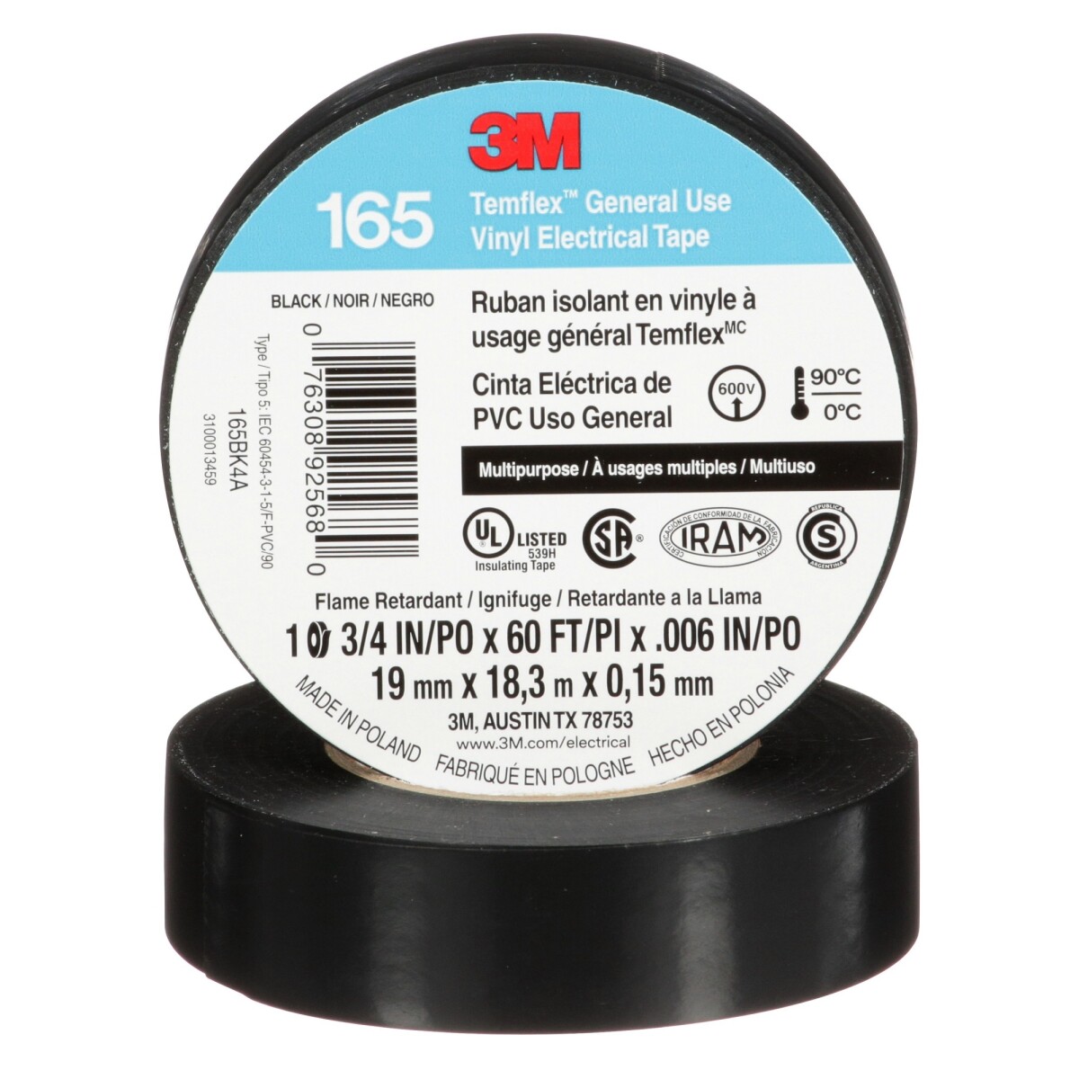 CINTA AISLADORA TEMFLEX 165 19MM X 18M X 0,15MM 90° NEGRO 3M 