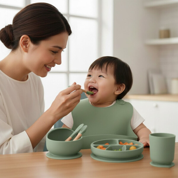 Set Alimentación Bebé Platos Silicona Libre Bpa 10 Piezas Color Verde