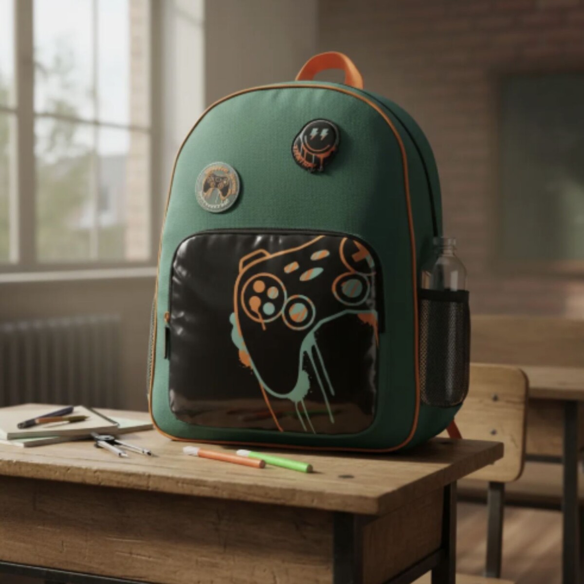 Mochila Trendy Escolar con porta botellas y llavero - Verde 