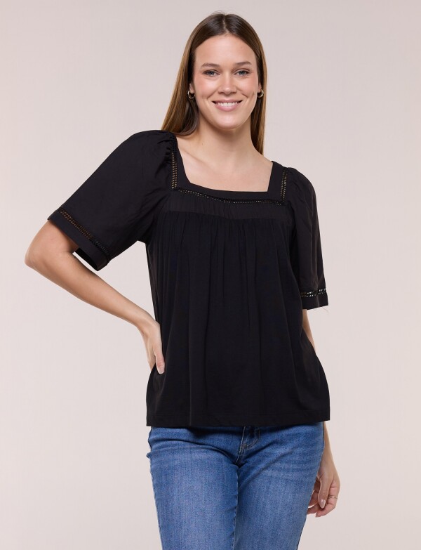Blusa Holgada Escote Cuadrado Con Puntilla Calada NEGRO