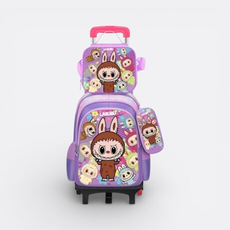 Mochila Escolar Con Carrito + Lonchera + Cartuchera Labubu Lila