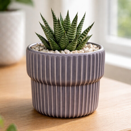 Maceta de cerámica con diseño acanalado – Colores pastel – Decoración para interiores y jardín Violeta