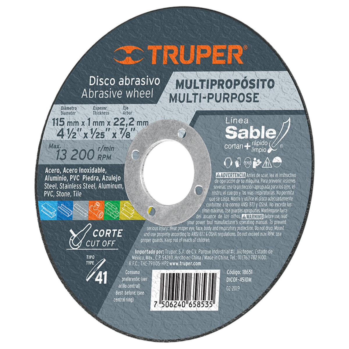 DISCO CORTE MULTI-MATERIAL115X1X22.2MM TRUPER DICOF-4510M - N/a 