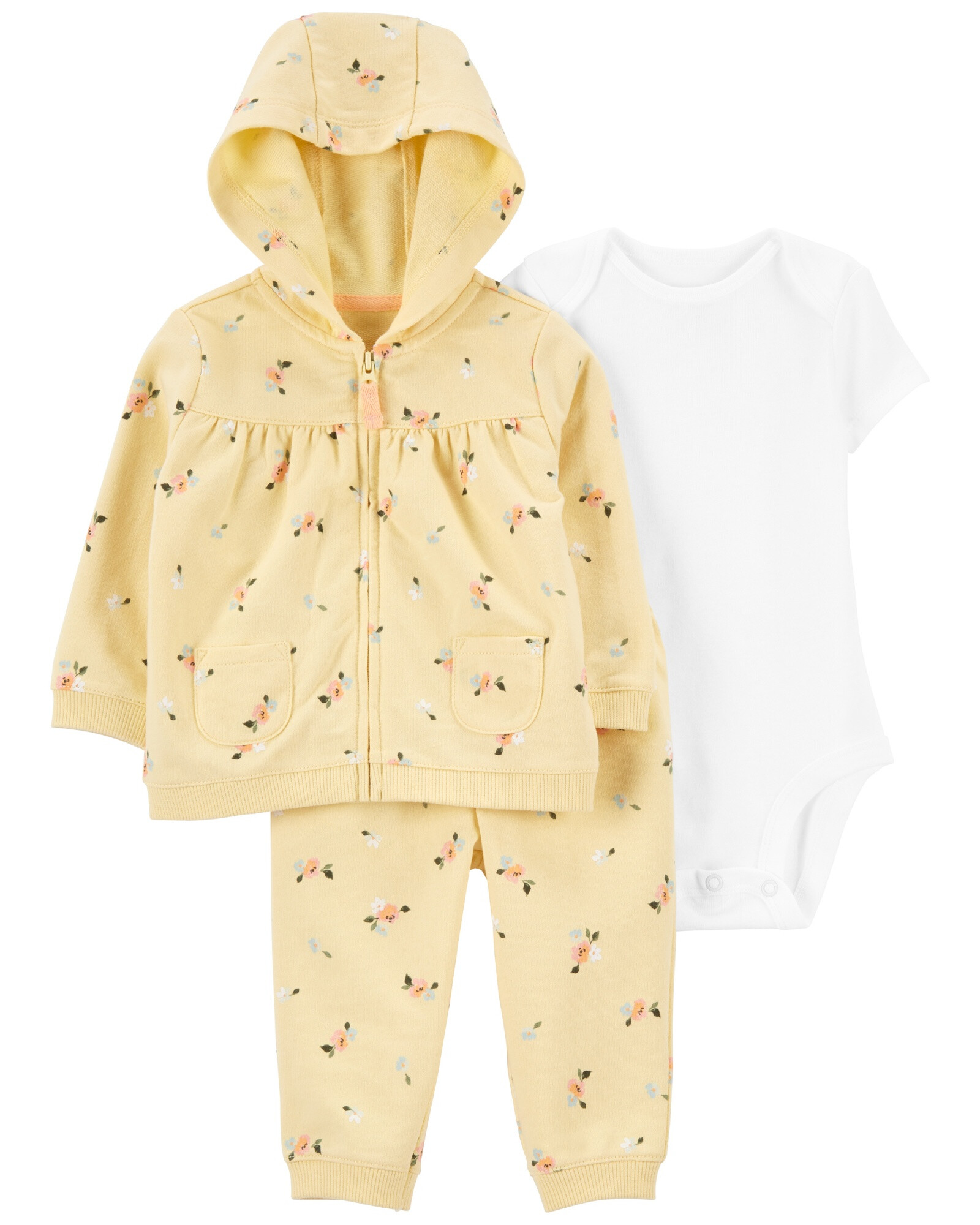 Set tres piezas campera, pantalón y body de algodón diseño floral Set tres piezas campera, pantalón y body de algodón diseño floral
