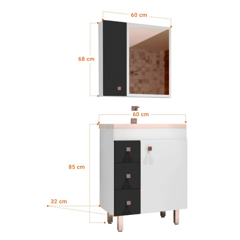 Mueble Baño De 60cm Ancho+bacha+botiquín+espejo Blanco/gris Mueble Baño De 60cm Ancho+bacha+botiquín+espejo Blanco/gris