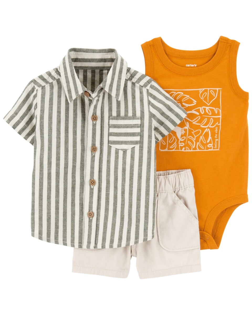 Set tres piezas, short y body de algodón con camisa de lino 