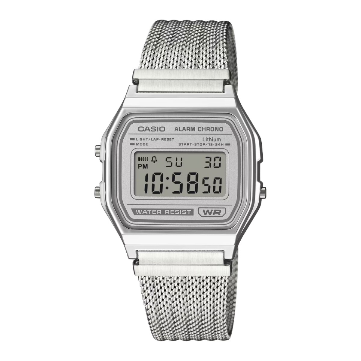 Reloj Casio Retro A158WEM 7DF Unisex con correa de acero milanesa - Plateado 