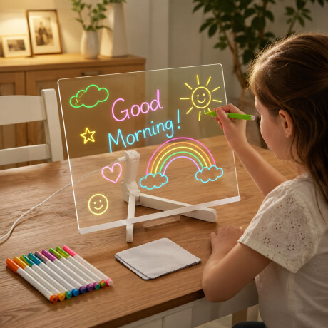 Pizarra Mágica Acrílica P/Dibujar C/Soporte Y Luz Led Usb Blanco