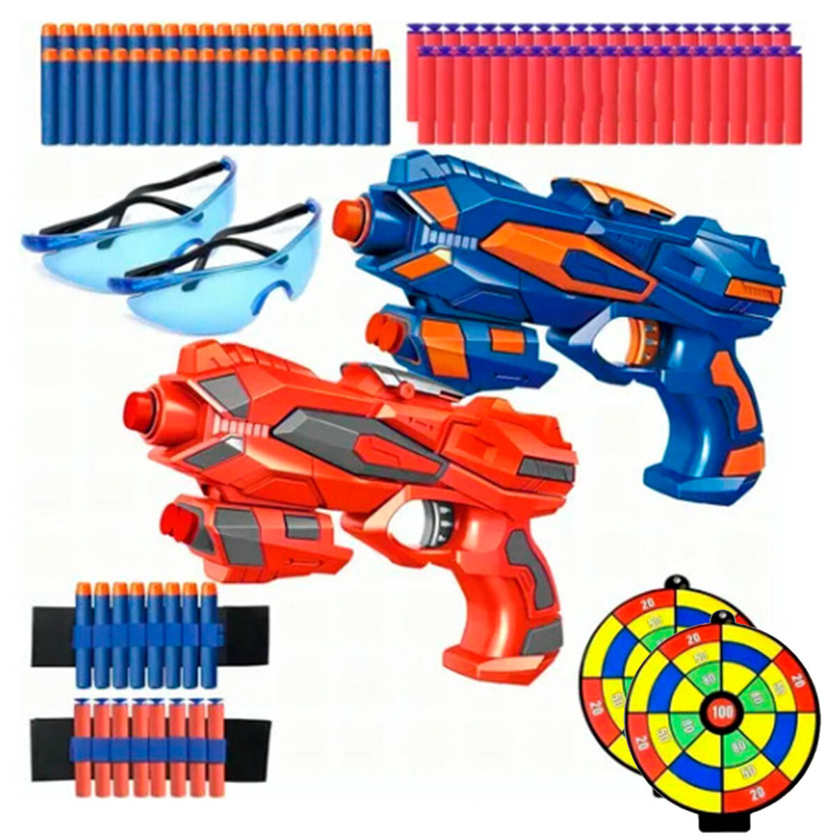 Set X2 Pistolas C/60 Balas Dardos + Lentes + Acc 