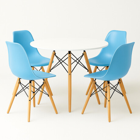Juego de comedor Con Mesa Circular de 80cm + 4 Sillas Eames Azul/Blanco