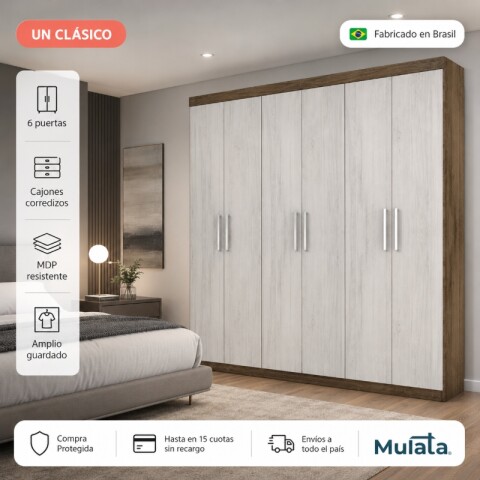 Ropero Armario Placard de 6 Puertas con Cajones Corredizos - MDP - Gris claro Ropero Armario Placard de 6 Puertas con Cajones Corredizos - MDP - Gris claro