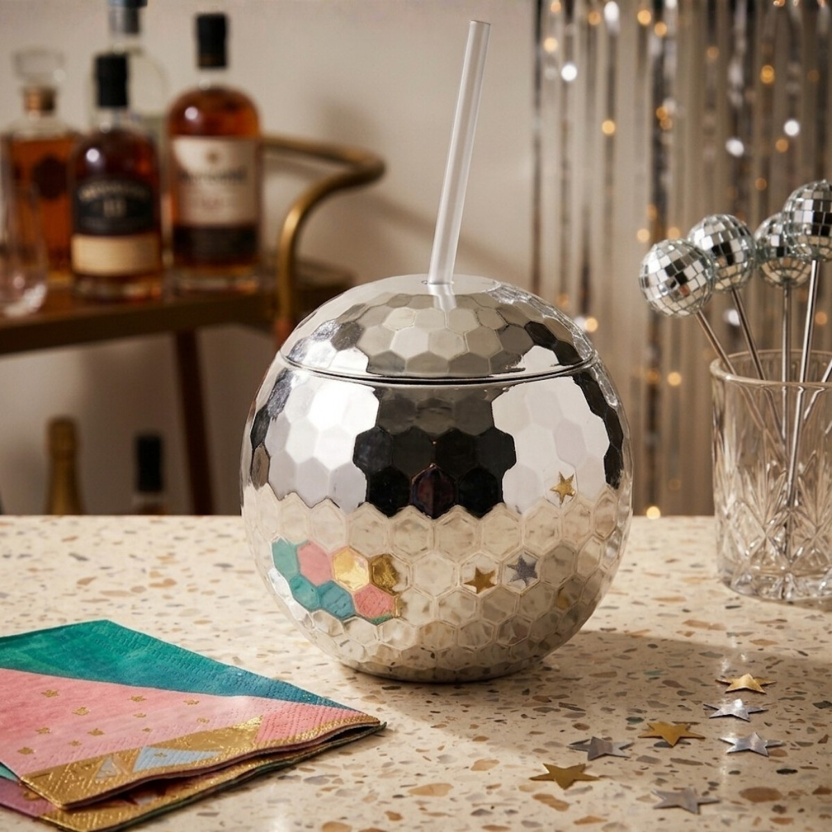 Vaso con sorbito Disco Bola - PLATEADO 