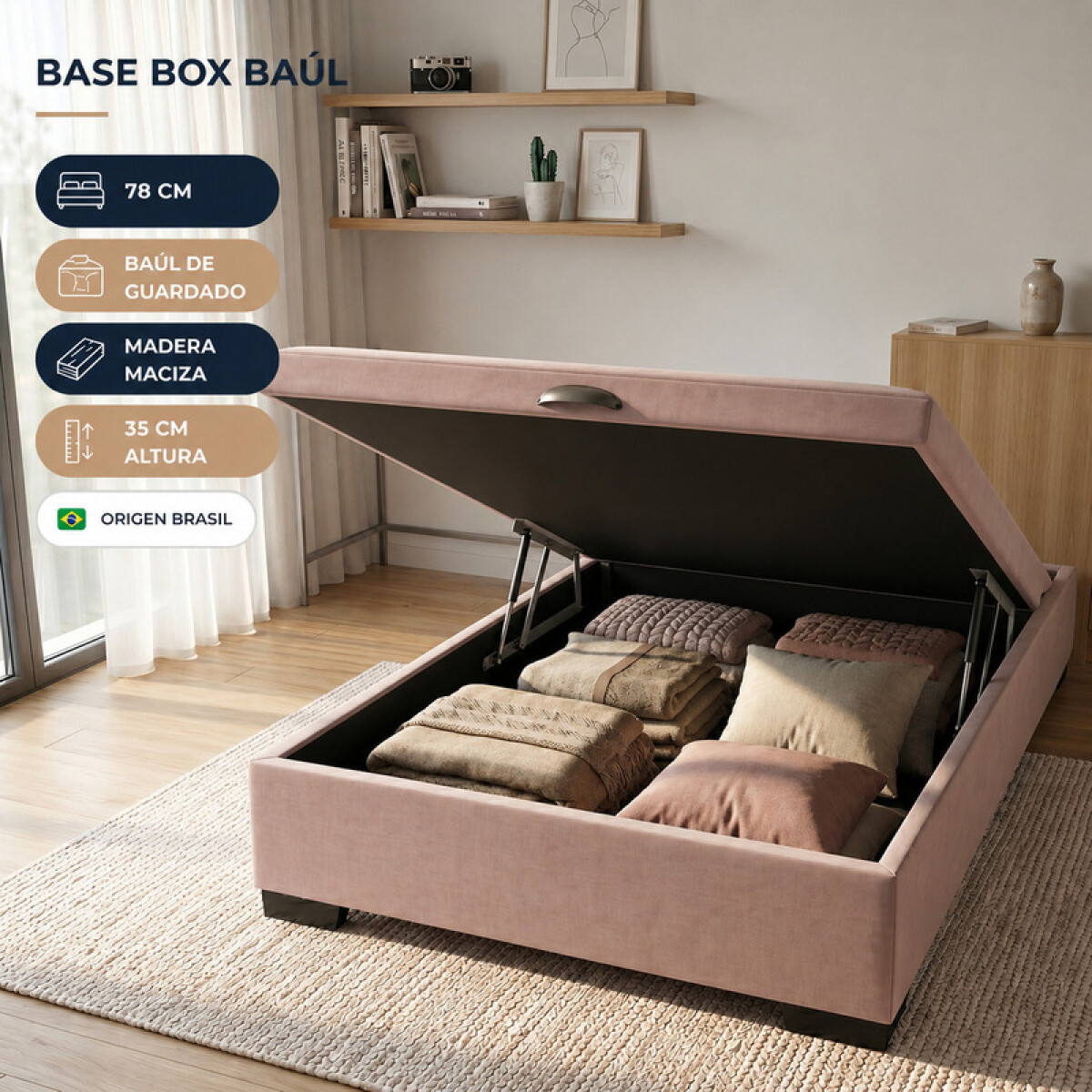 Base para Sommier Colchón Baul 1 Plaza - 78 x 188 x 35 cm - Estructura Madera Maciza - Beige 