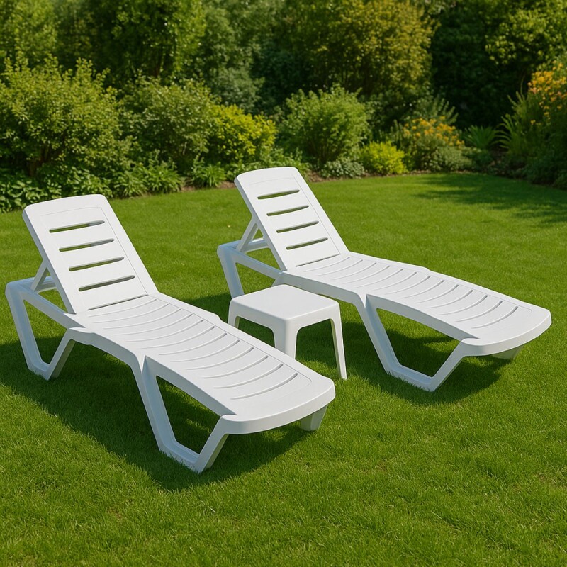 Set x2 Reposera de jardín con posiciones + mesa auxiliar BLANCO