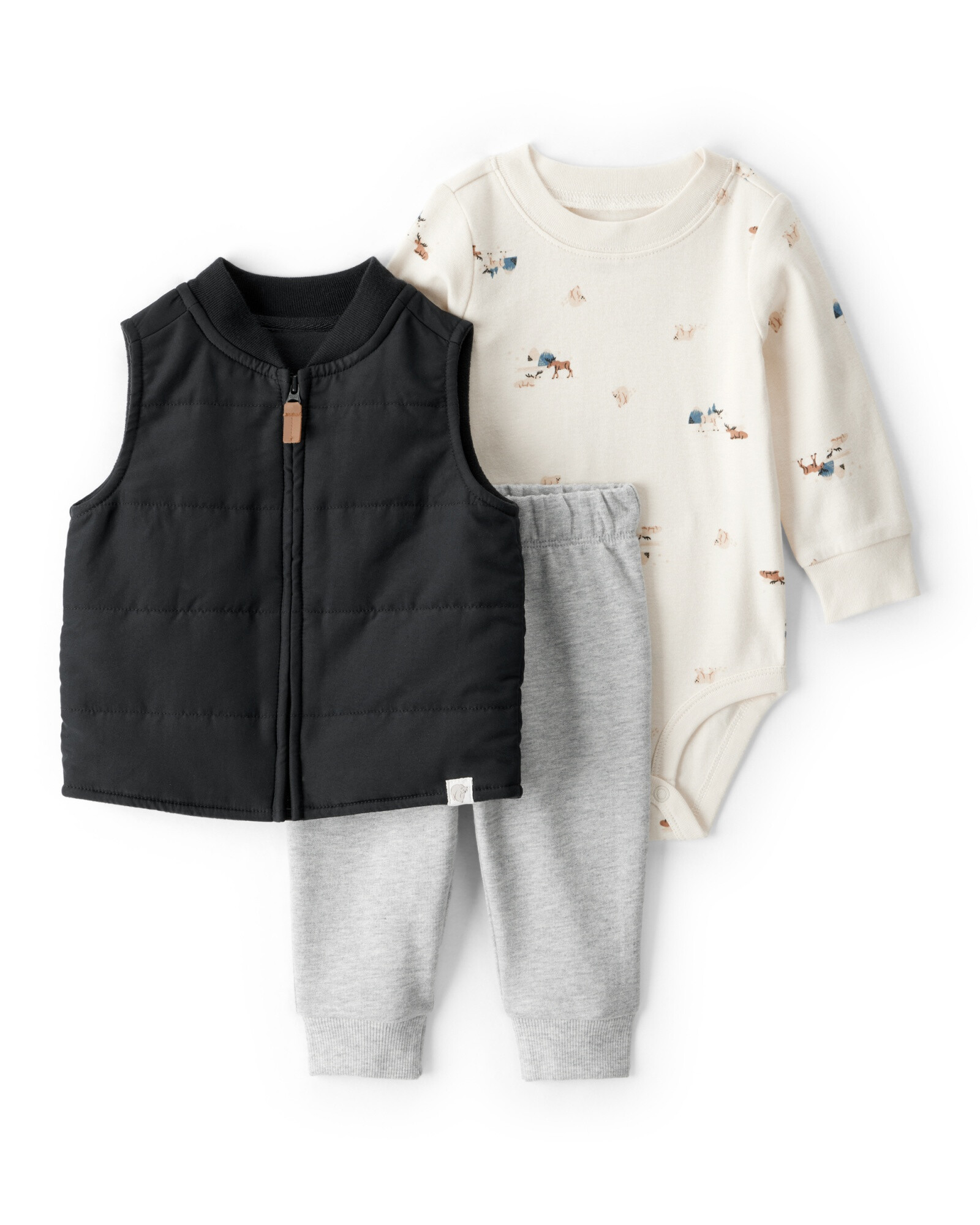 Set tres piezas, chaleco puffer negro, pantalón y body de algodón Sin color